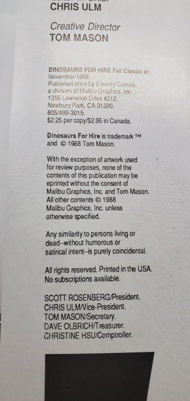 Dinosaurs for Hire #1 Fall Classic ETERNITY Comics (1988) WP NM/MT