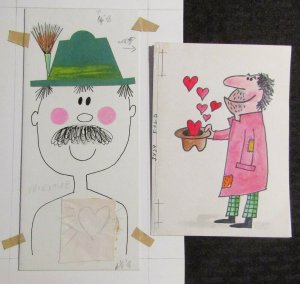 HAPPY VALENTINES DAY Cartoon Men with Hat & Hearts 4x9 Greeting Card Art #V345