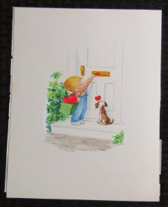 VALENTINES Cute Boy Puppy at Mailslot w Hearts 7.5x9.5 Greeting Card Art #V3409