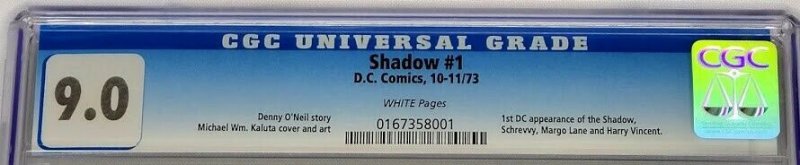 Shadow #1 DC 1973 CGC 9.0 VF/NM White Pages 1st DC Appearance Of The Shadow 