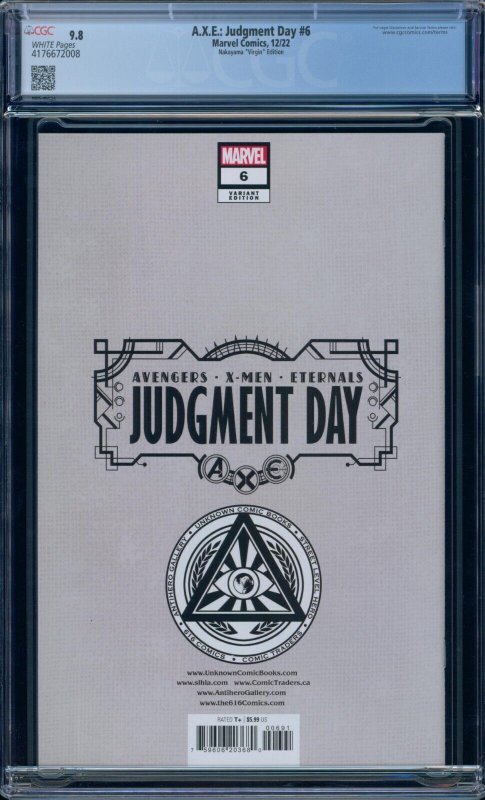 A.X.E. Judgement Day #6 CGC 9.8 Nakayama Black Widow Gala Virgin Variant