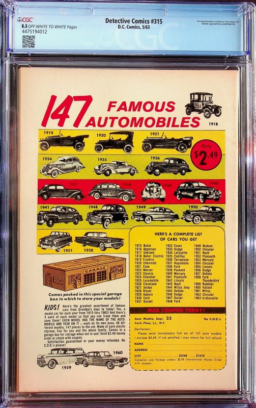 Detective Comics #315 (1963) - CGC 8.5 - Cert#4475194012