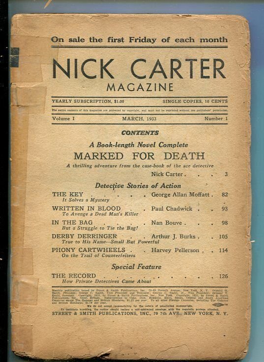 NICK CARTER-#1 MAR-1933-DETECTIVE PULP FICTION-1ST ISSUE-MARKED FOR DEATH-fr 