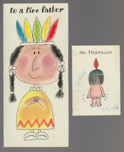 FATHERS DAY Chief & Scout w/ Feathers LOT of 2 4x9 Greeting Card Art #nn