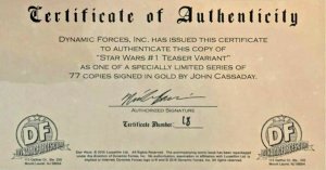 STAR WARS  #1 TEASER VARIANT SIGNED IN GOLD BY JOHN CASSADAY W/COA NM.