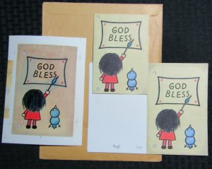 GOD BLESS Girl Painting w/ Blue Bird 6x8 Greeting Card Art #C8641 with 3 Cards