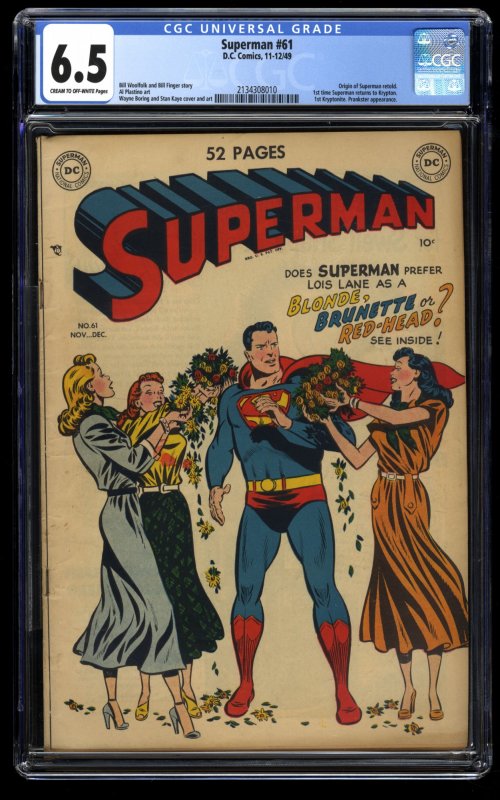 Superman #61 CGC FN+ 6.5 Cream To Off White 1st Kryptonite!