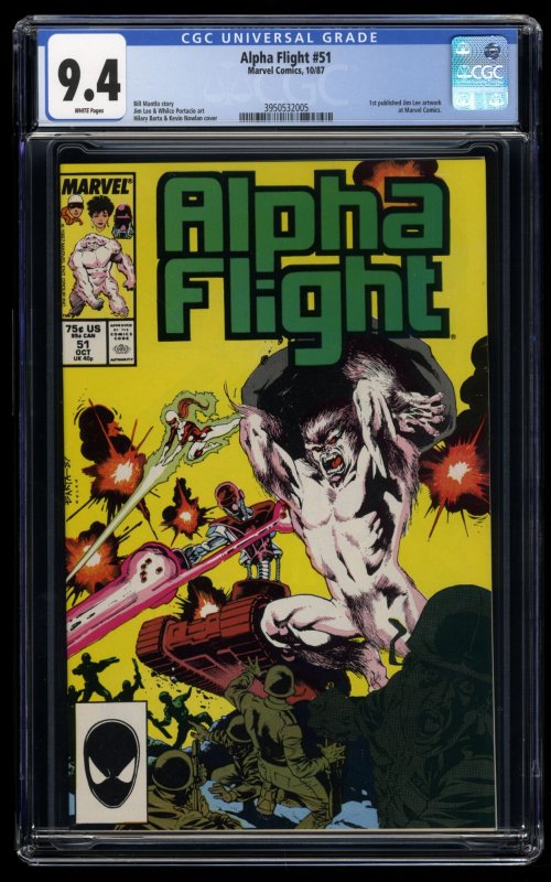 Alpha Flight #51 CGC NM 9.4 White Pages 1st Jim Lee Marvel Art!