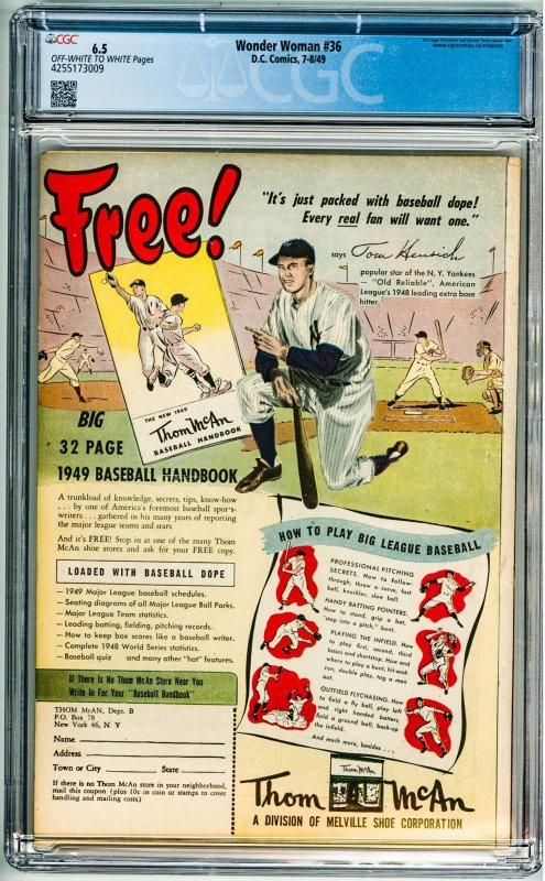 Wonder Woman #36 (1949) CGC 6.5! OWW Pages!