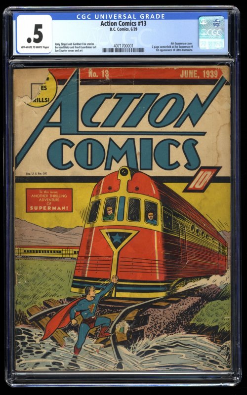 Action Comics #13 CGC P 0.5 4th Superman Cover!  Classic, Scarce Train Cover!