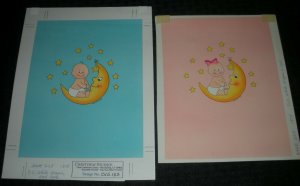 NEW BABY Boy & Girl w/ Moon & Stars 2pcs 7x8.5 Greeting Card Art #1818 1819