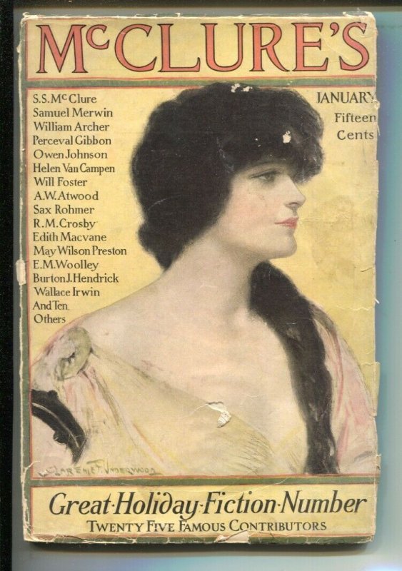 McClures 1/1914 -Clarence F Underwood cover-Sax Rohmer-Samuel Merwin G/VG