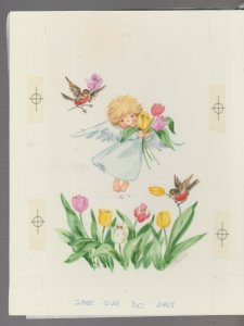 EASTER Cute Angel Girl w/ Tulips & Birds 7x9.25 Greeting Card Art #E2465