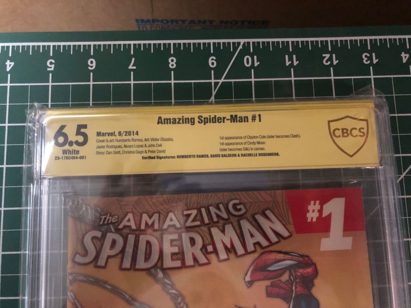 Amazing Spider-Man #1 (2014) Signed 3X. 1st Cindy Moon cameo, later becomes Silk