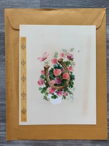 ANNIVERSARY Pink Flowers Butterfly & Horseshoe 6.5x8.5 Greeting Card Art A9018