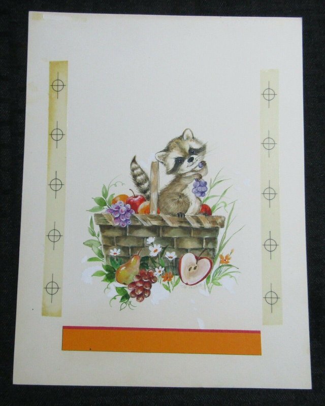 WELCOME BACK Cute Raccoon Picnic Basket w/ Fruit 7.5x10 Greeting Card Art #9454