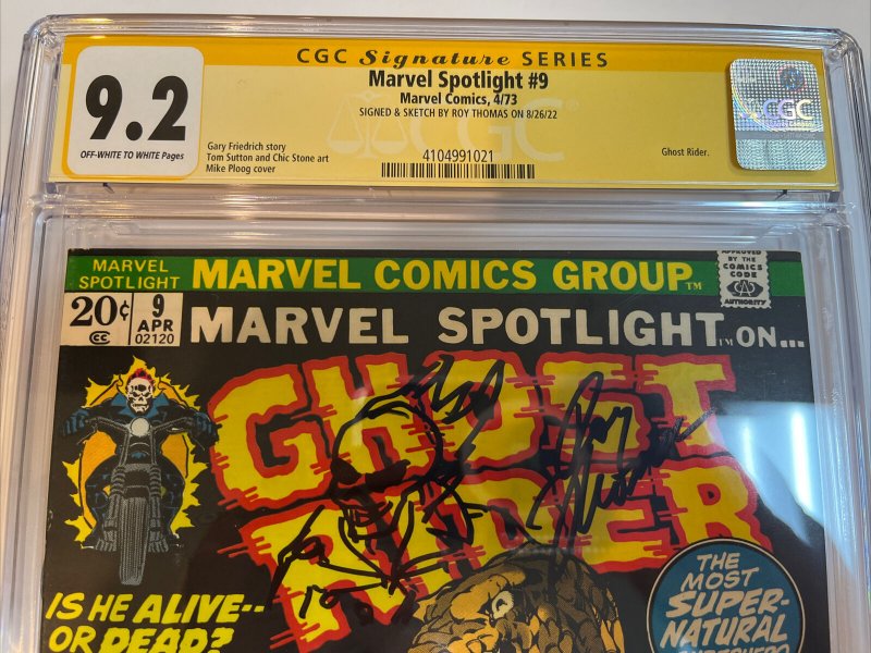 Marvel Spotlight (1972) # 9 (CGC 9.2 SS) Signed Sketch (Ghost Rider) Roy Thomas 