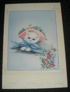 GET WELL SOON Cute White Kitten w/ Pink Hat 7x10 Greeting Card Art #1604