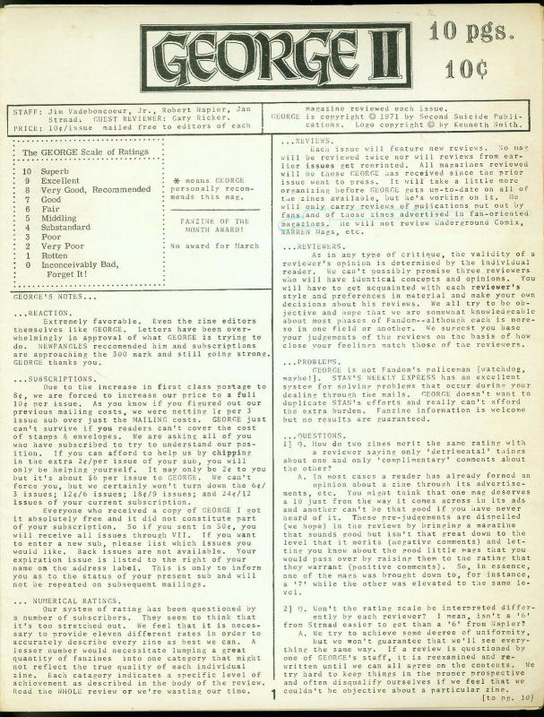 George Fanzine #2 1971- Newsletter format reviews- Rare VG