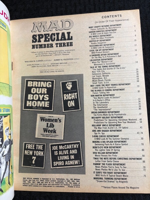 1970 MAD SPECIAL Magazine #3 FN+ 6.5 with Mad Protest Stickers Insert