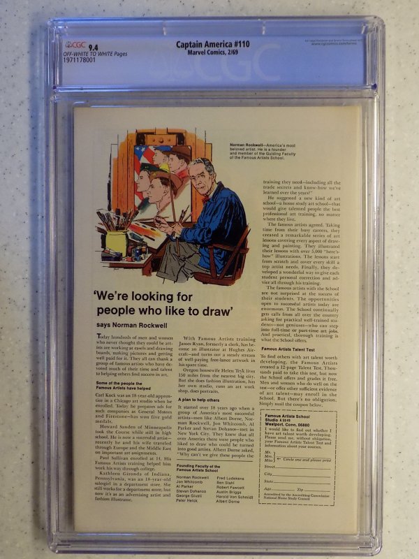 CAPTAIN AMERICA # 110 CGC 9.4. STERANKO 1ST MADAME HYDRA