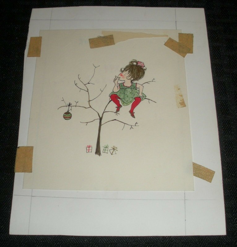 CHRISTMAS Cartoon Girl Sitting in Tree w/ Ornament 5x7 Greeting Card Art #FL244