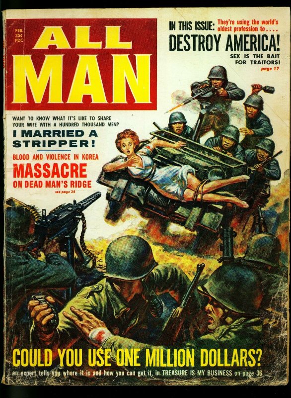 All Man Pulp Magazine February 1960- Wild Commie cover- Syd Shores- G/VG