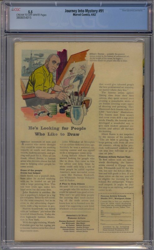 JOURNEY INTO MYSTERY #91 CGC 5.5 3RD LOKI THOR 