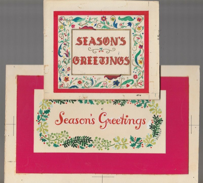 SEASON'S GREETINGS w/ Lettering & Holly Border 9x5.5 Greeting Card Art LOT of 2