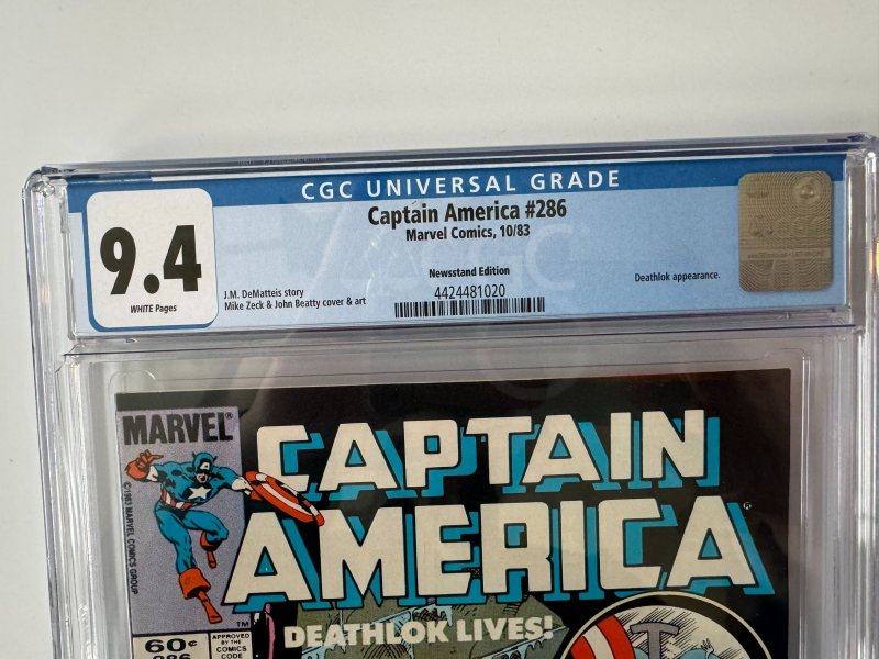 CAPTAIN AMERICA 286 CGC 9.4 NEWSSTAND  ZECK MARVEL  (1983)