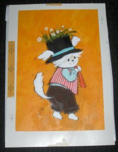 BIRTHDAY Cute White Kitten w/ Black Flower Hat 7x10.5 Greeting Card Art #9821