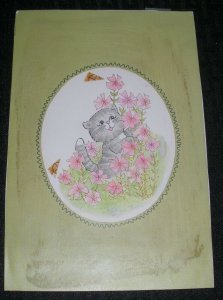 HAPPY BIRTHDAY Cute Cartoon Kitten Pink Flowers 5.25x8 Greeting Card Art #7534