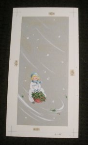 MERRY CHRISTMAS Cute Girl w/ Basket of Holly 5.5x10.5 Greeting Card Art #6-11