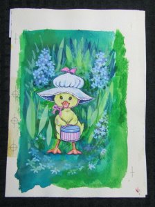 EASTER Yellow Duckling w/ Bonnet & Hat Box 7x9.5 Greeting Card Art #E2818