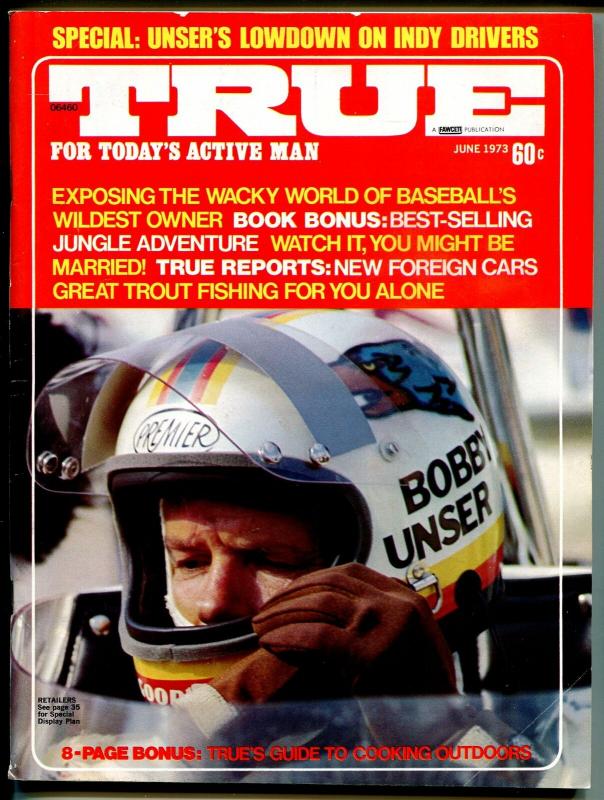 True 6/1973-Fawcett-Bobby Unser-Indy 500-sky diving-VG