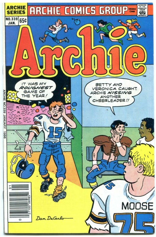 Archie #339 1986- Dan DeCarlo football cover- Betty & Veronica VF