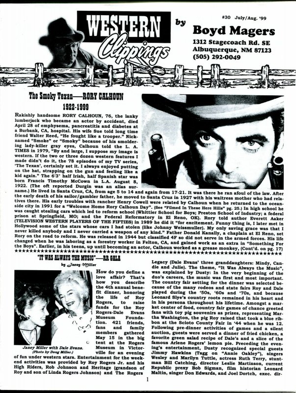 Western Clippings #30 1999-B-Wesrern movie fanzine-Rory Calhoun-FN