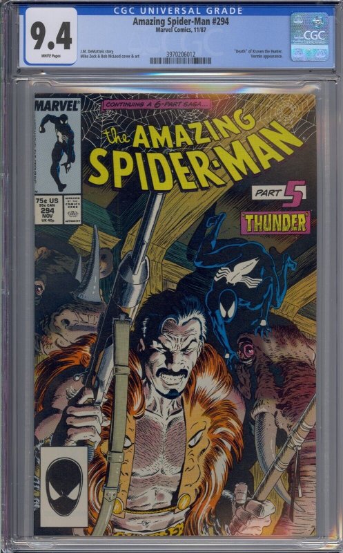 AMAZING SPIDER-MAN #294 CGC 9.4 DEATH OF KRAVEN THE HUNTER WHITE PAGES 6012 