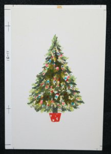 Original Christmas Greeting Card Painted Art - Tree Colored Ornaments in Red Pot