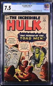 INCREDIBLE HULK #2 CGC 7.5 1ST GREEN HULK