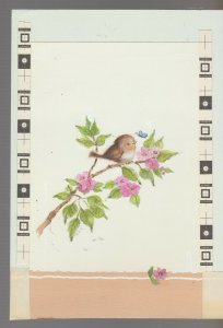 JOY & CHEER Bird on Branch with Blue Butterfly 6.5x9 Greeting Card Art #B8265