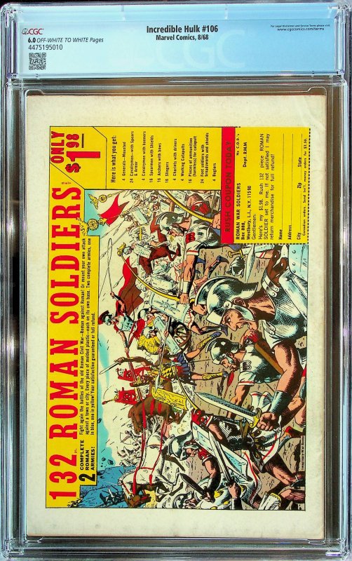 The Incredible Hulk #106 (1968) - CGC 6.0 - Cert#4475195010