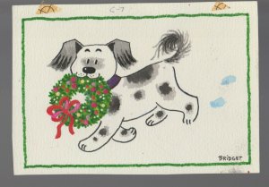 MERRY CHRISTMAS Cartoon Spotted Dog with Wreath 5.5x4 Greeting Card Art C7