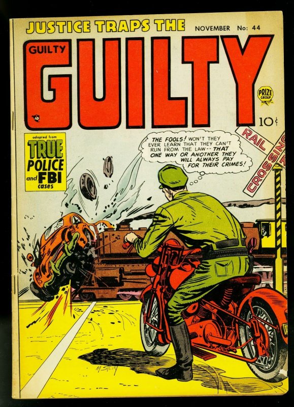 Justice Traps the Guilty #44 1952- Motorcycle & railroad cover- FN-