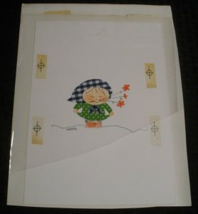 CUTE GIRL Checkered Hankerchief Curtsy & Flowers 7x10 Greeting Card Art #9002