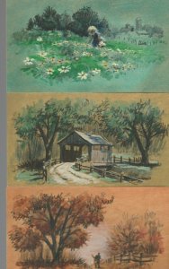 COVERED BRIDGE DIRT ROAD & FLOWERS 7x4 #nn Greeting Card Original Art LOT of 3