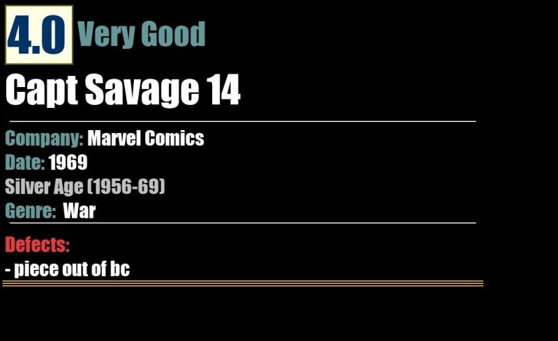Capt Savage 14 (1969) VG 4.0 Silver Age Marvel Comics
