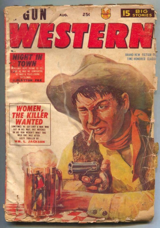 2-Gun Western Novels Pulp August 1955- Beer mug cover P/F