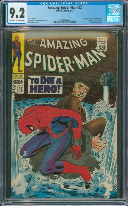 Amazing Spider-Man # 52 CGC Graded 9.2 1st appearance of Joe Robertson, Deat...