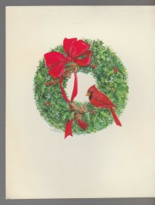 MERRY CHRISTMAS Wreath w/ Cardinal Bird & Red Bow 7x9  Greeting Card Art #M5707